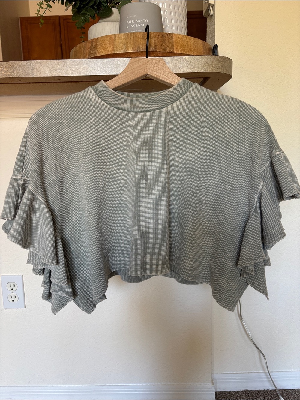 Altar'd State Sage Green Cropped Ruffle Sleeve Top